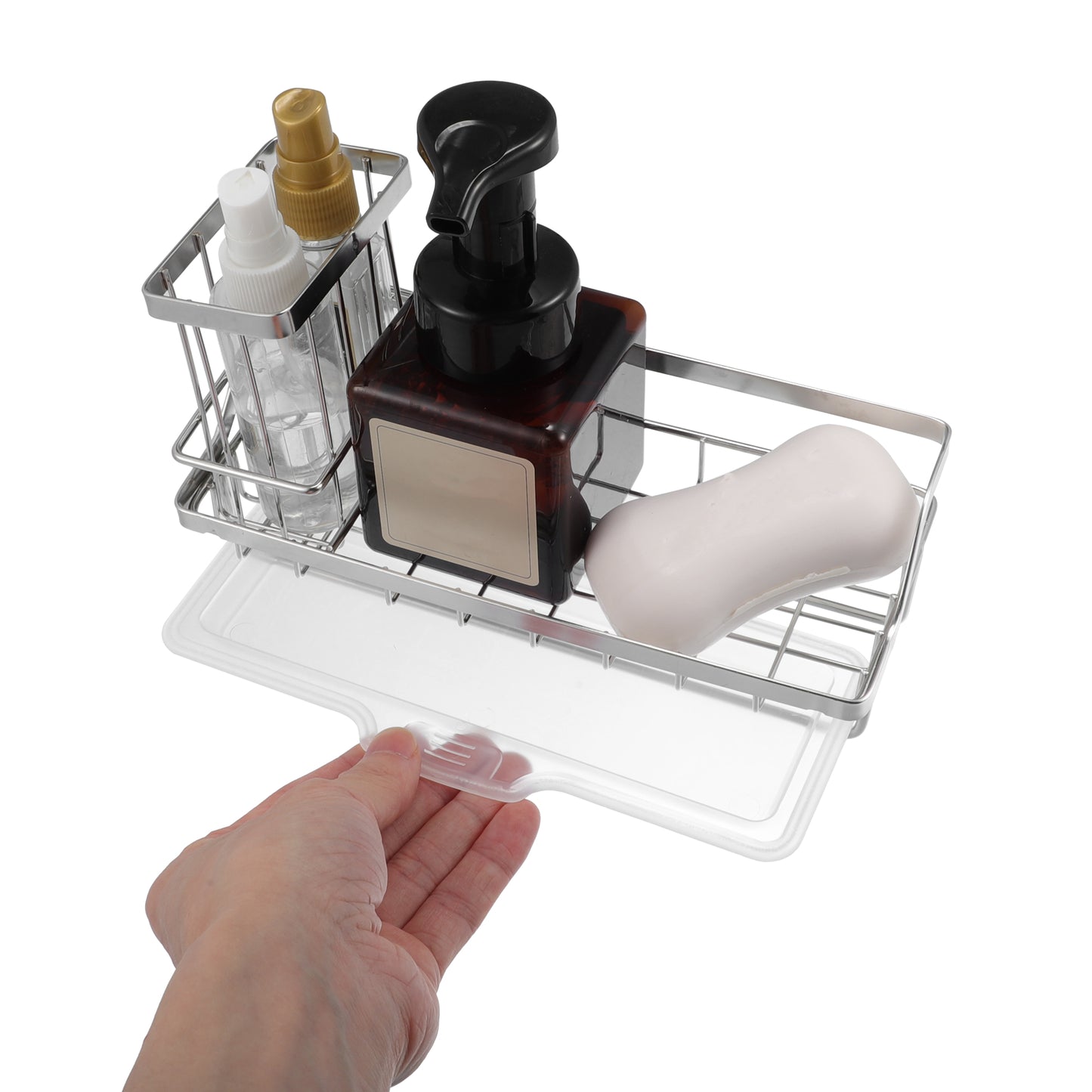 Organizador de fregadero de acero inoxidable con soporte para cepillos de baño, 21,8 x 8,9 x 6,4 cm, tono plateado