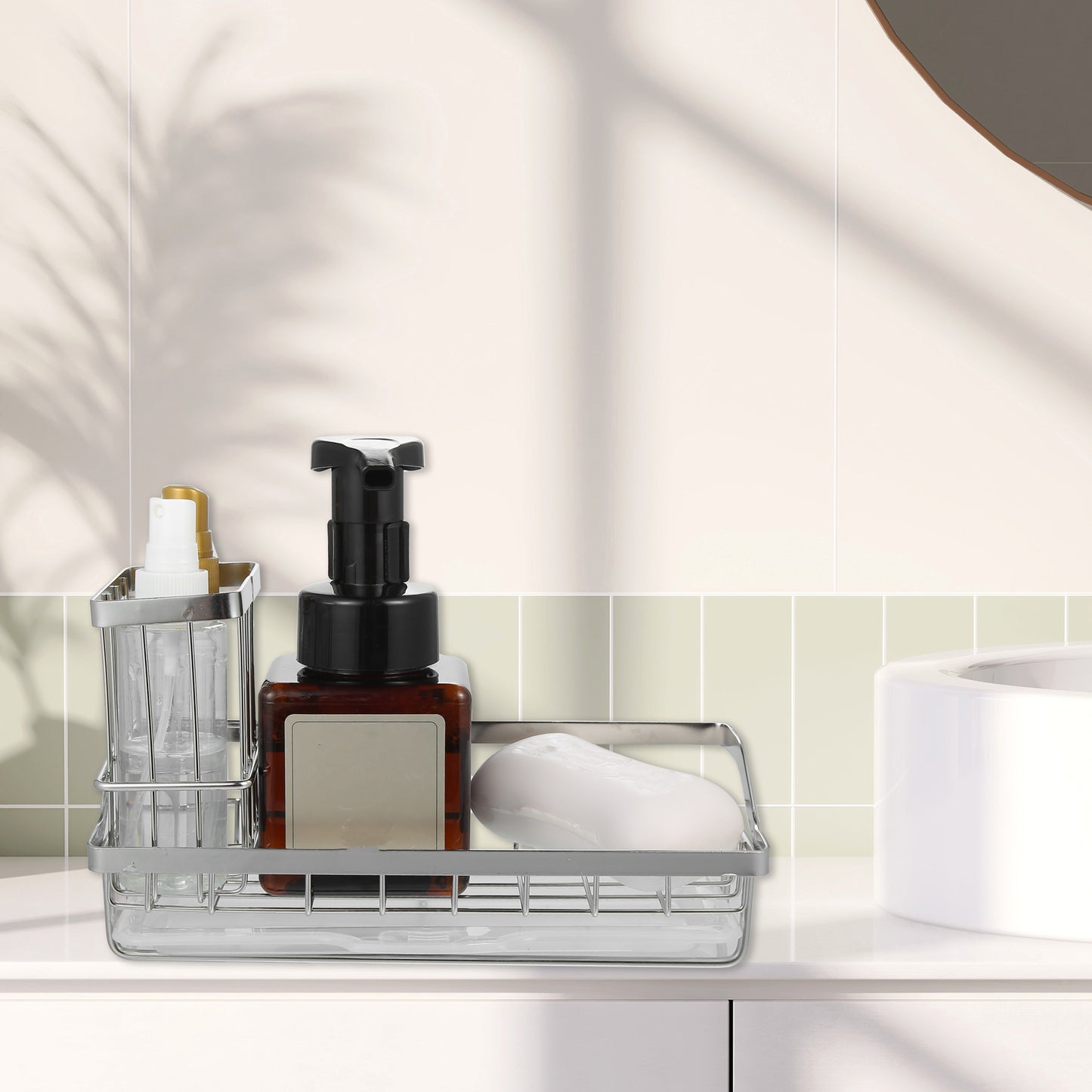 Organizador de fregadero de acero inoxidable con soporte para cepillos de baño, 21,8 x 8,9 x 6,4 cm, tono plateado