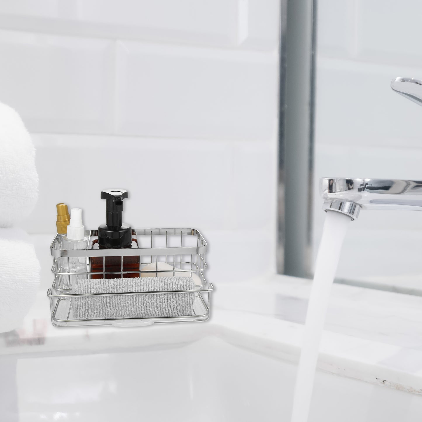 Stainless Steel Sink Caddy Organizer Brush Holder for Bathroom, 8.07"x5.90"x3.98" Silver Tone