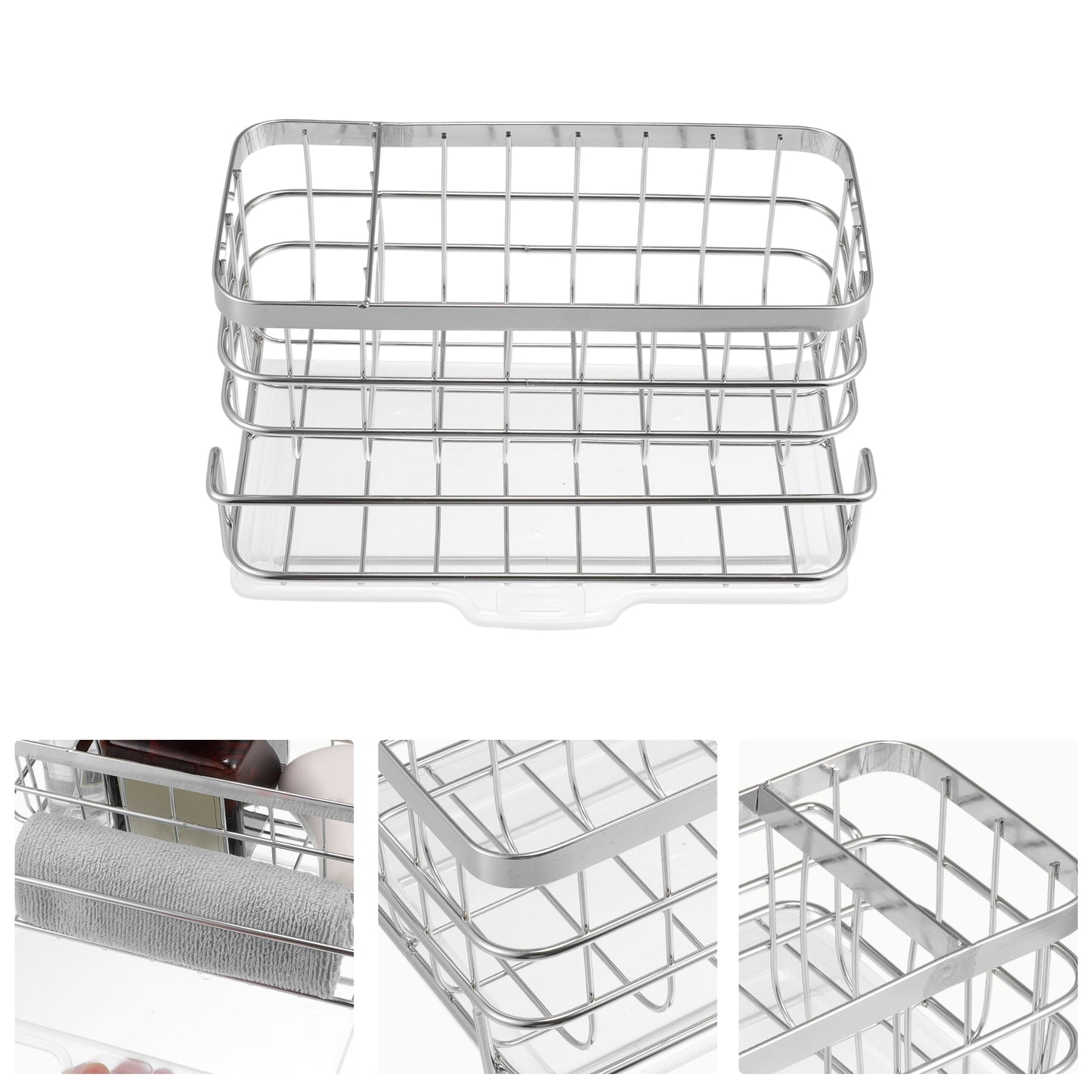 Stainless Steel Sink Caddy Organizer Brush Holder for Bathroom, 8.07"x5.90"x3.98" Silver Tone