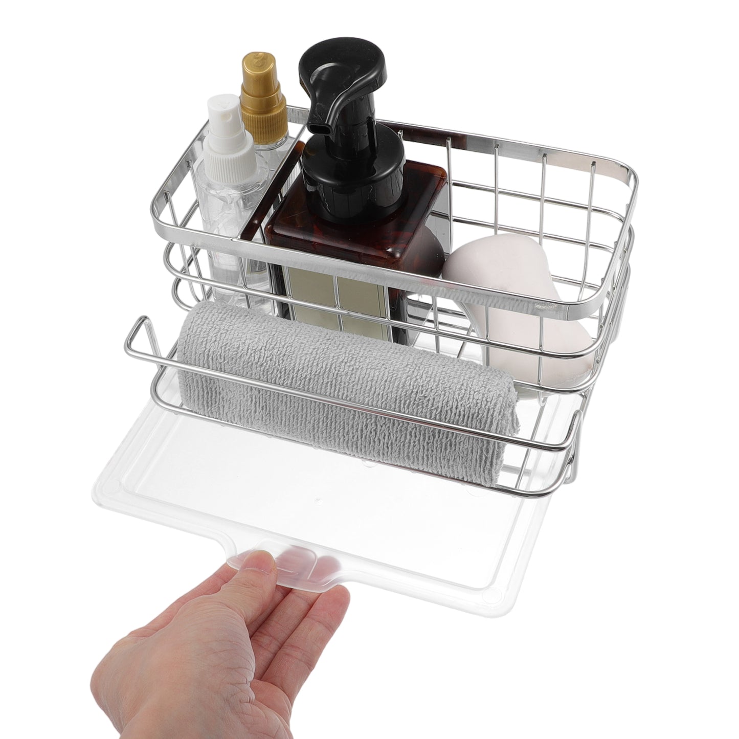 Stainless Steel Sink Caddy Organizer Brush Holder for Bathroom, 8.07"x5.90"x3.98" Silver Tone