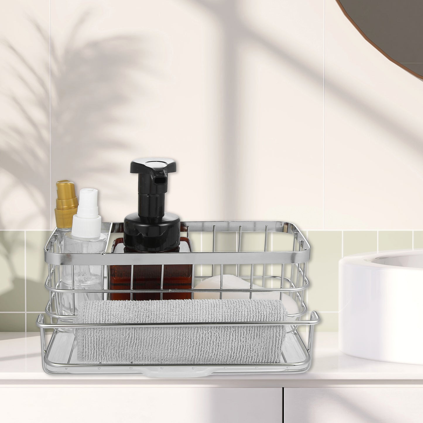 Stainless Steel Sink Caddy Organizer Brush Holder for Bathroom, 8.07"x5.90"x3.98" Silver Tone