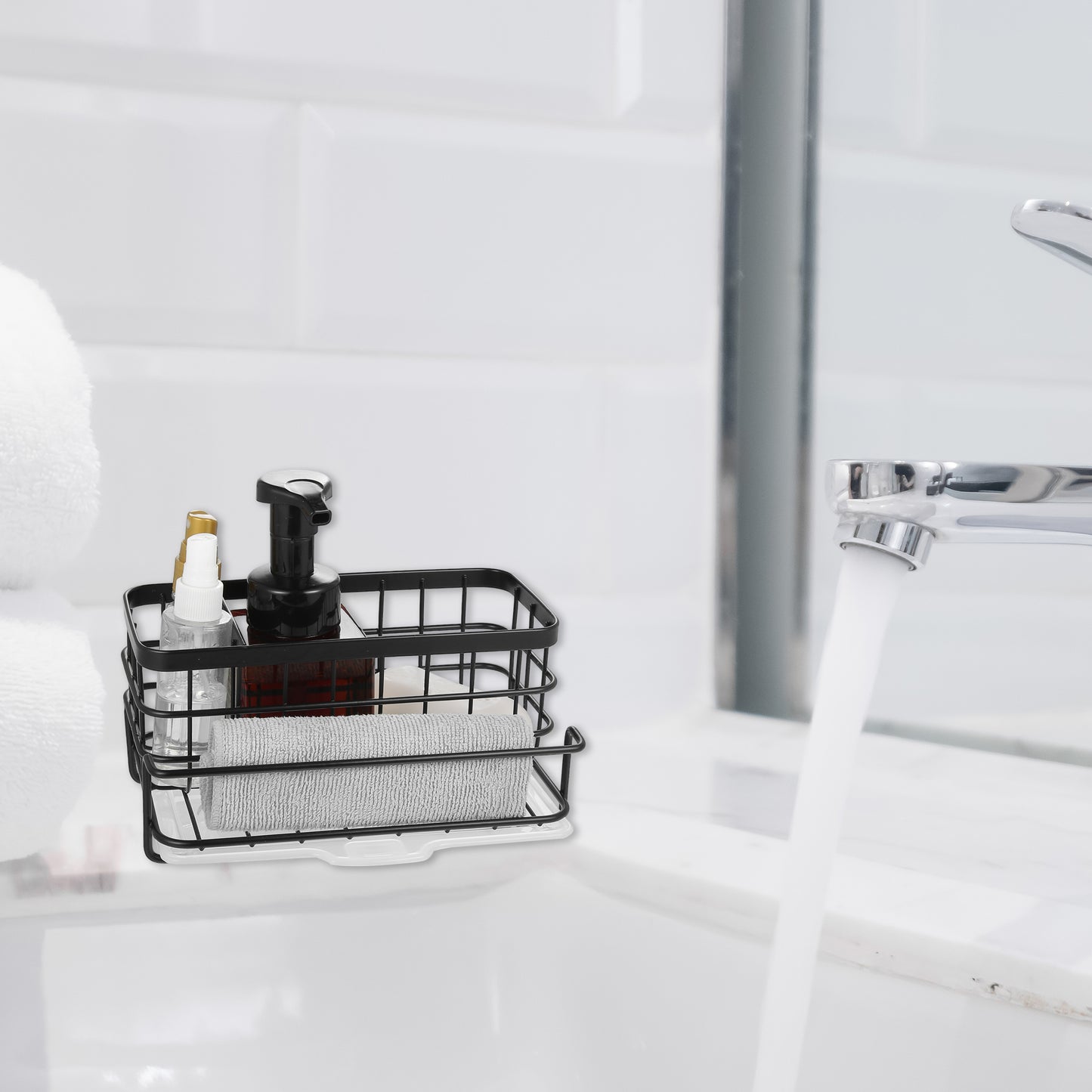 Stainless Steel Sink Caddy Organizer Brush Holder for Bathroom, 8.07"x5.90"x3.98" Black