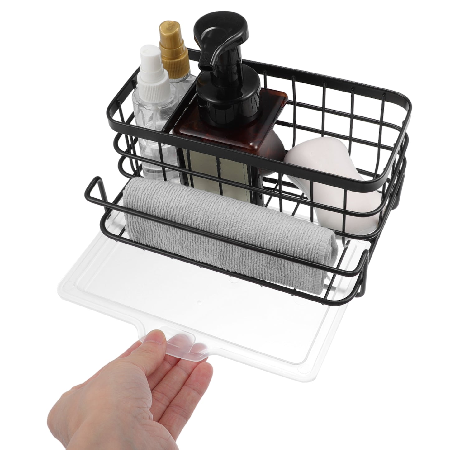 Stainless Steel Sink Caddy Organizer Brush Holder for Bathroom, 8.07"x5.90"x3.98" Black