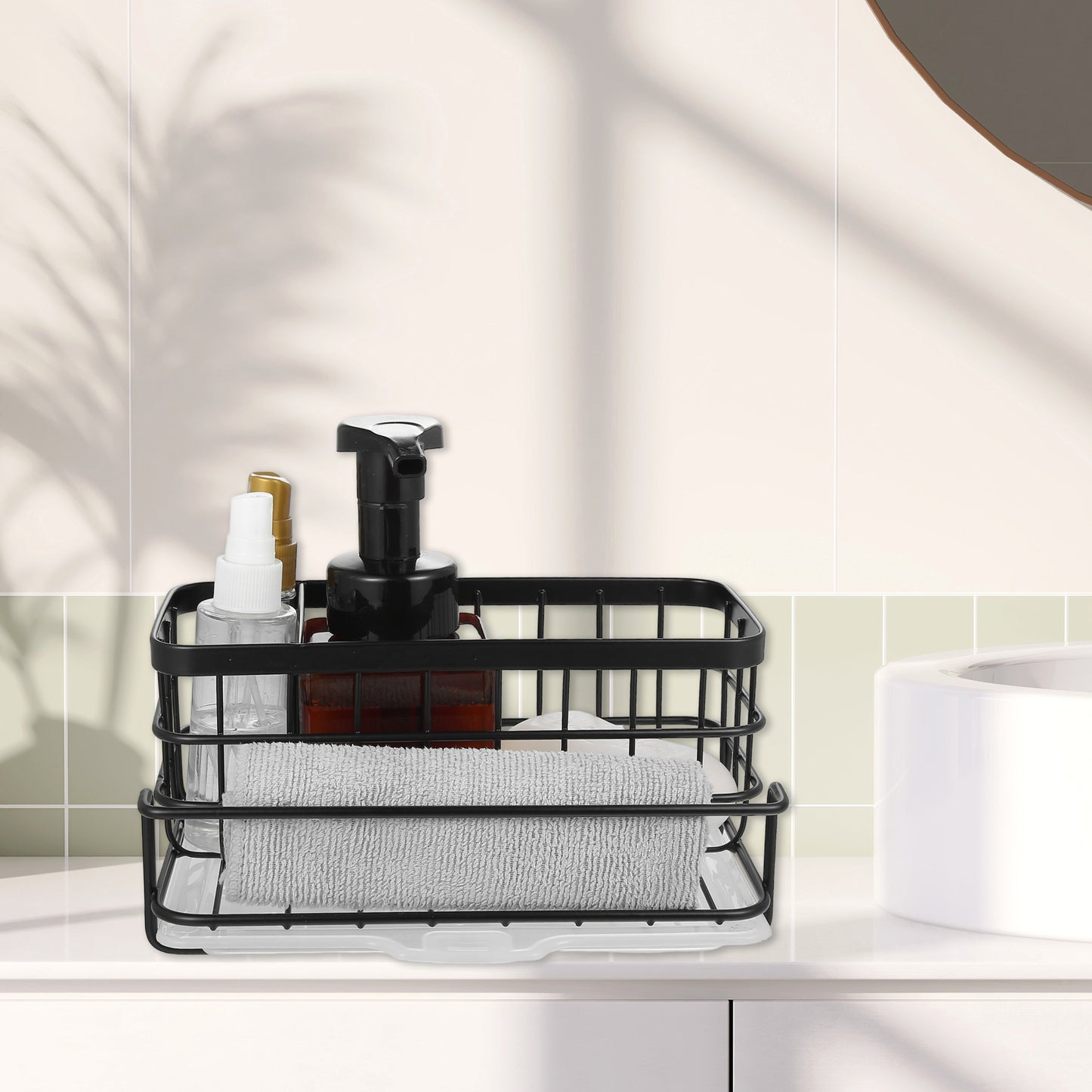 Stainless Steel Sink Caddy Organizer Brush Holder for Bathroom, 8.07"x5.90"x3.98" Black
