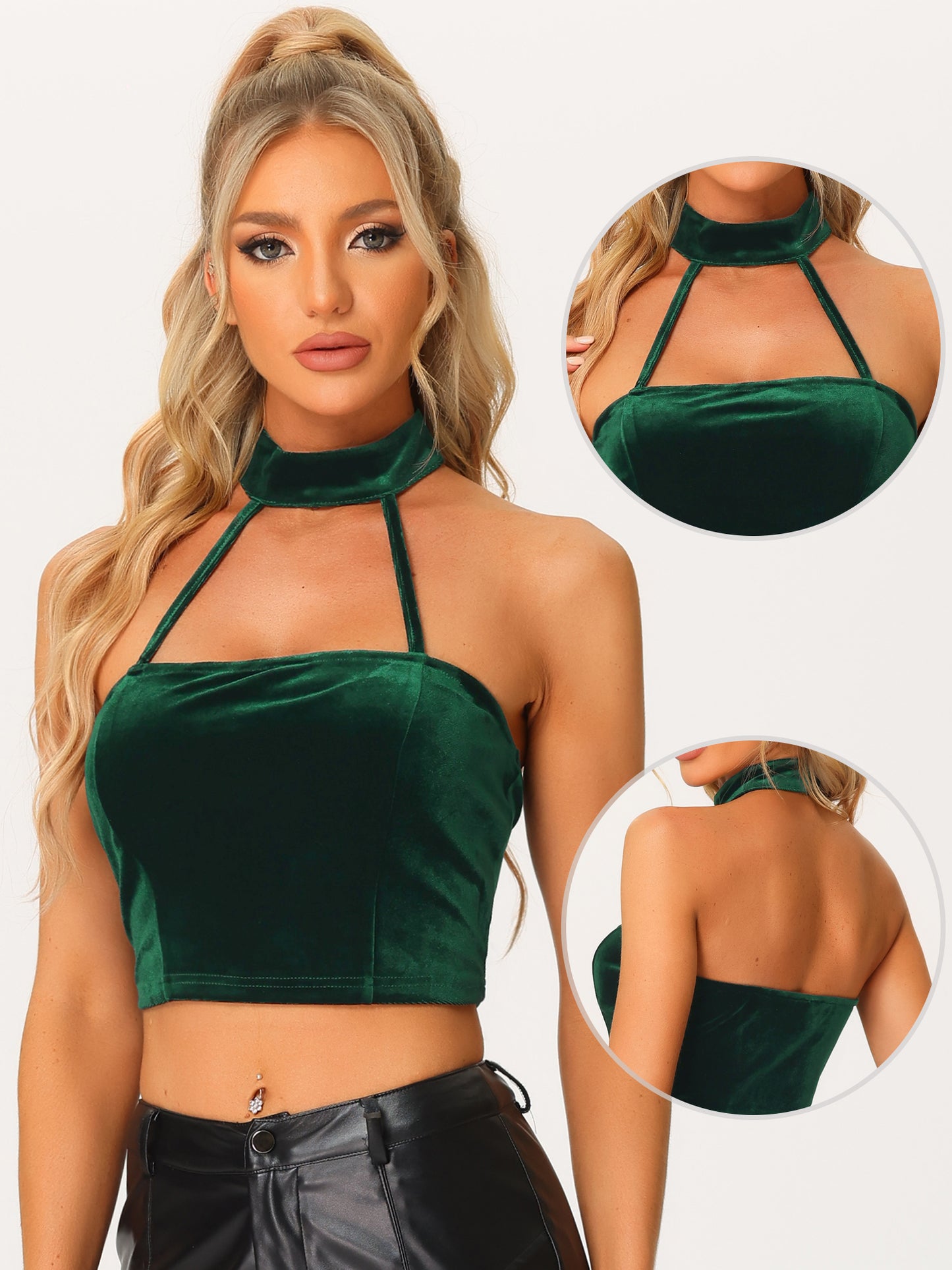 Women's Gothic Velvet Halter Cold Shoulder Camis Party Tanks Punk Sleeveless Crop Top