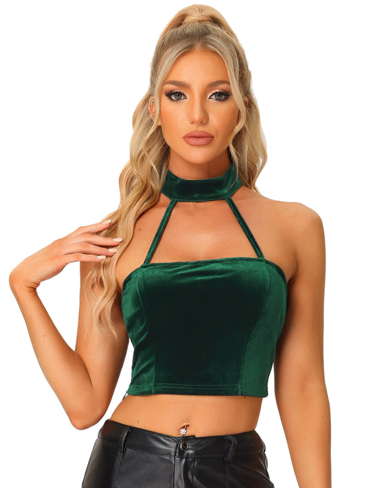 Women's Gothic Velvet Halter Cold Shoulder Camis Party Tanks Punk Sleeveless Crop Top