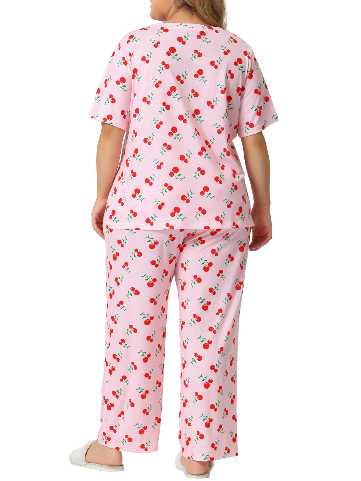 [PACK SALES] Women's Plus Size 2 Sets Pajama Sets Cherry Print Round Neck Short Sleeve Top ang Long Pant Elastic Waist Lounge Sleepwear with Pocket