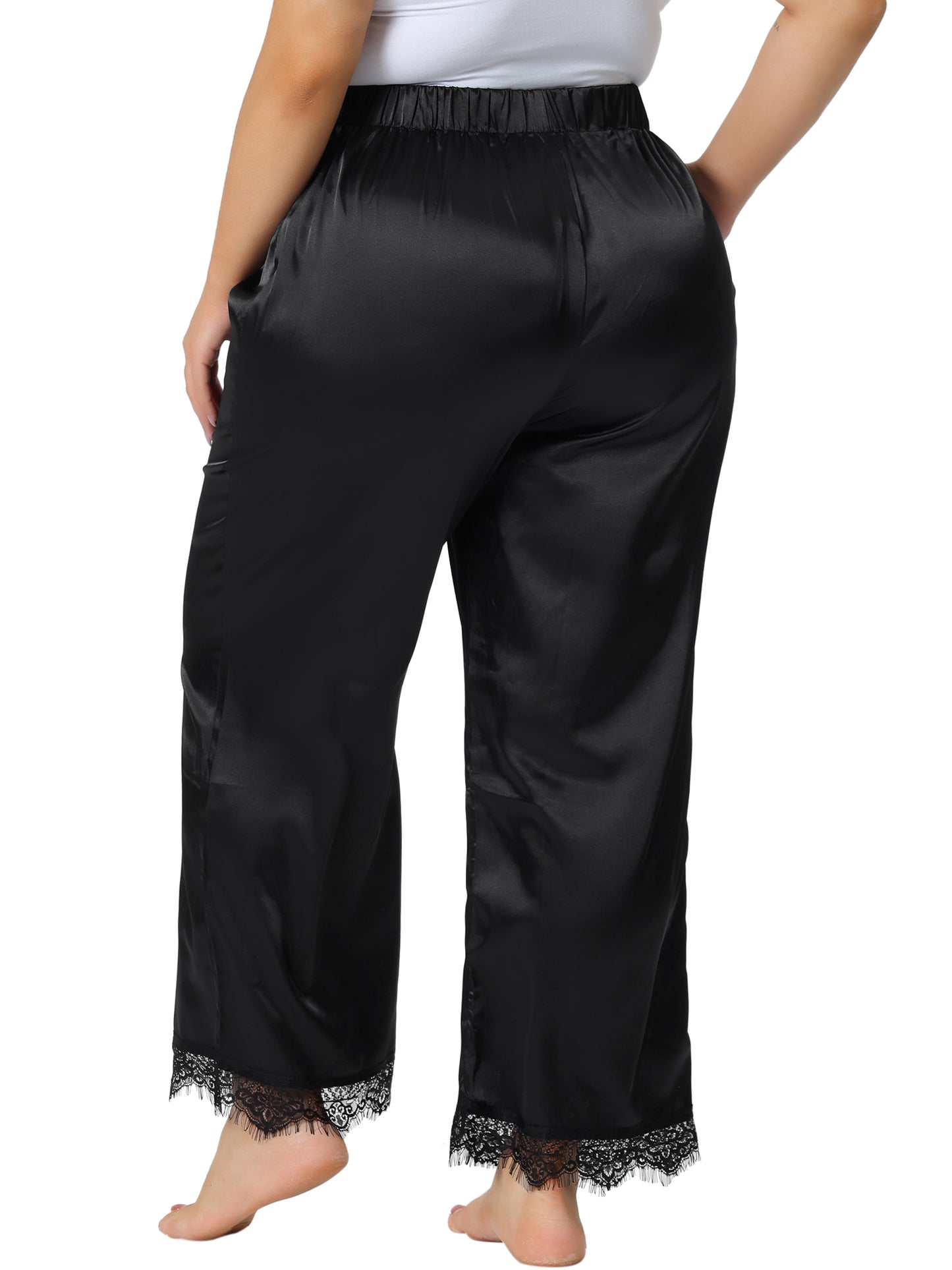 Pantalones de pijama para mujer, talla grande, con ribete de encaje satinado, pernera ancha elástica y bolsillos.
