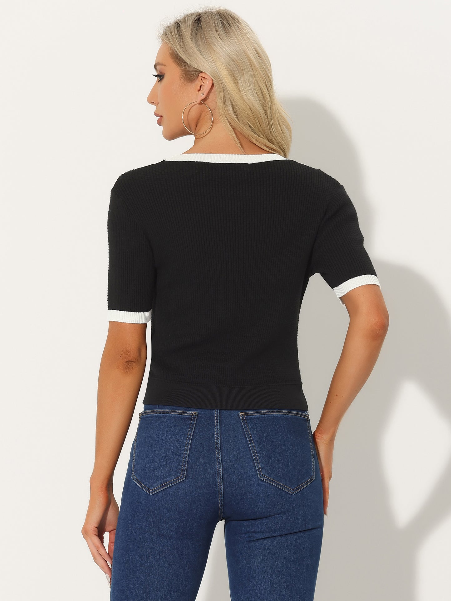 Women's Summer Knitted Top Casual Short Sleeve Crewneck Color Block Waffle Knitwear