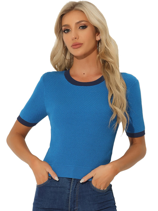 Women's Summer Knitted Top Casual Short Sleeve Crewneck Color Block Waffle Knitwear