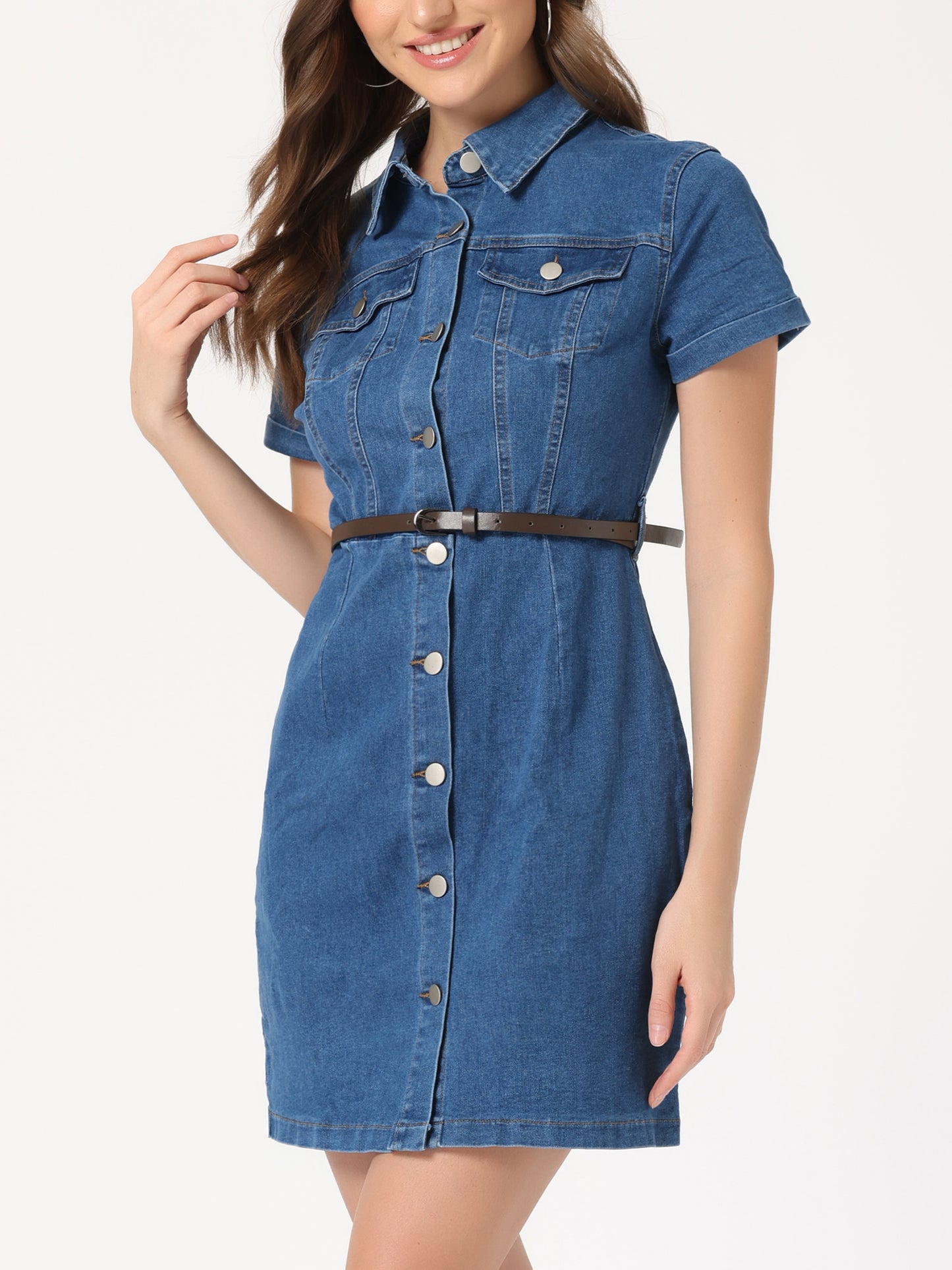 Women's Denim Shirt Dress Collar Short Sleeve Belted Button Up Jean Dresses