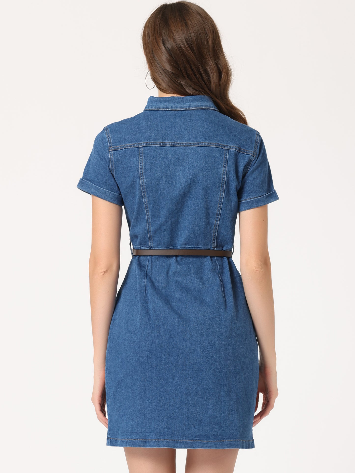 Women's Denim Shirt Dress Collar Short Sleeve Belted Button Up Jean Dresses