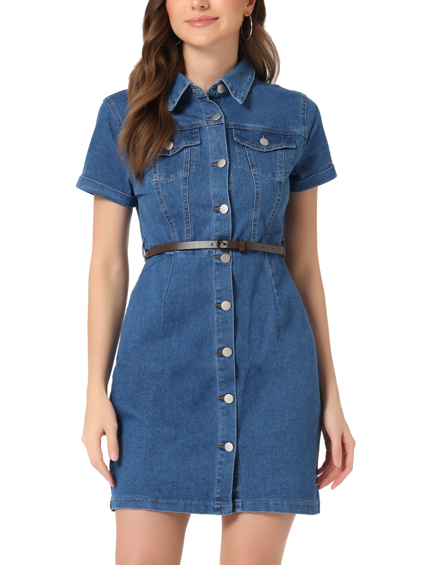 Women's Denim Shirt Dress Collar Short Sleeve Belted Button Up Jean Dresses
