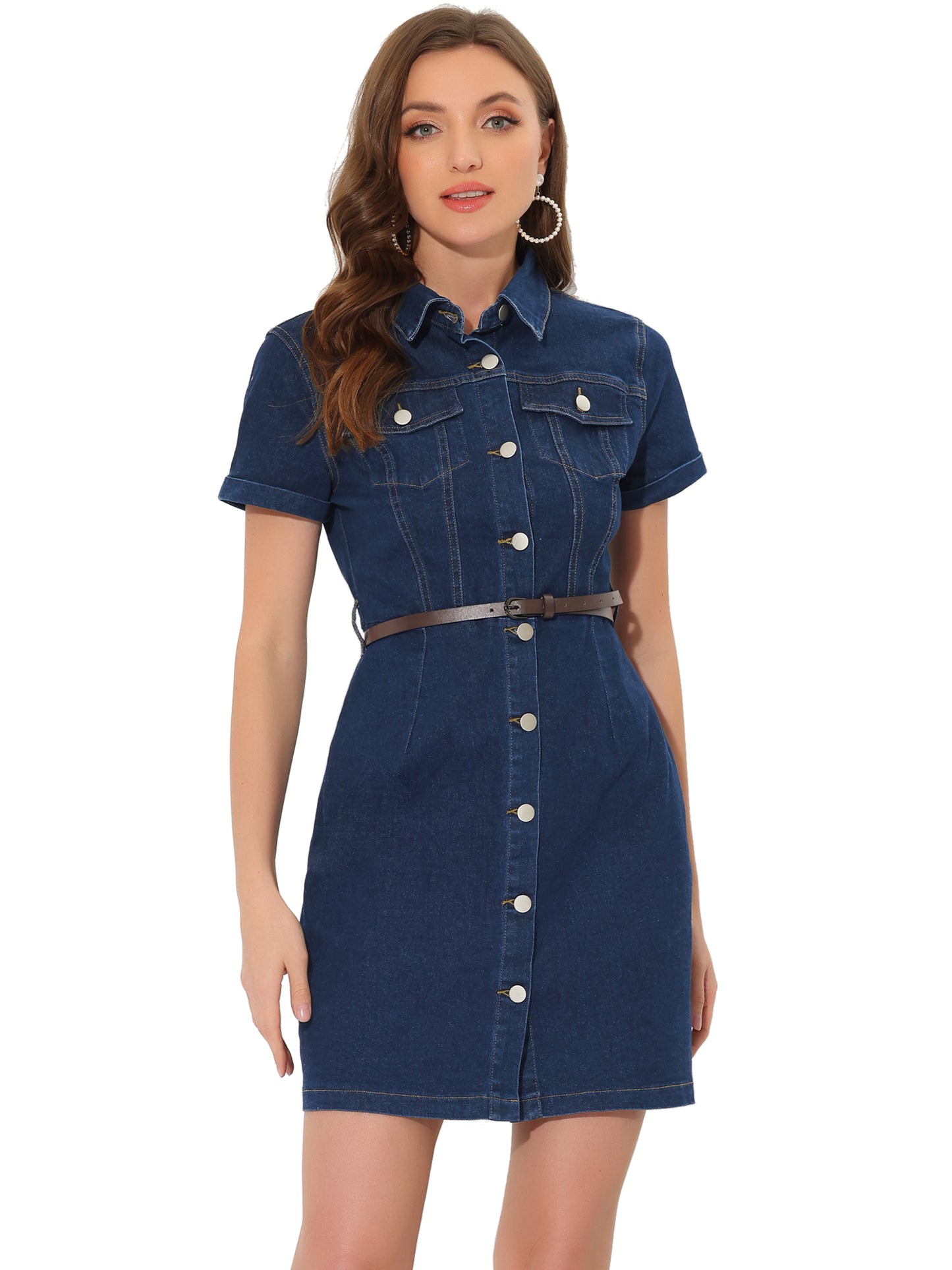 Women's Denim Shirt Dress Collar Short Sleeve Belted Button Up Jean Dresses