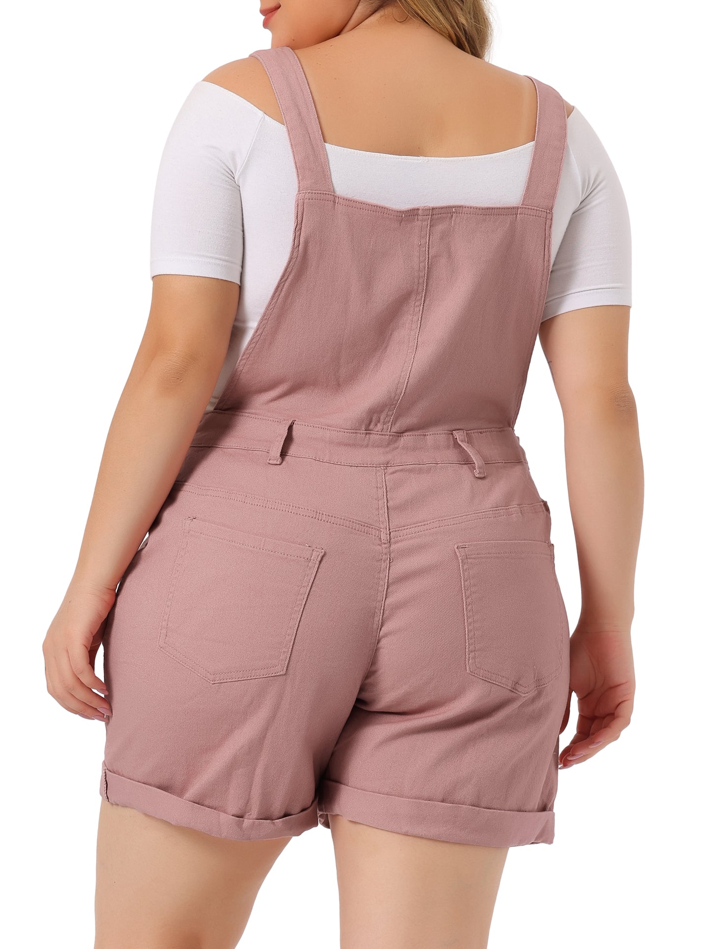 Women Plus Size Overall Shorts Jumpsuit Roll Hem Pocket Jean Denim Overalls