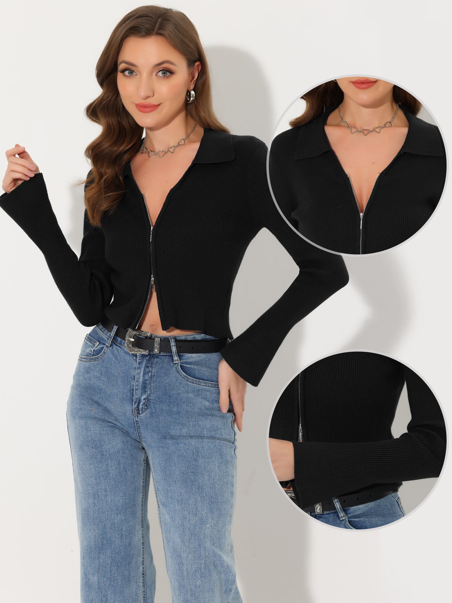 Women's Double Zipper Up Bell Long Sleeve Collared Top Streetwear Ribbed Knitted Crop Top