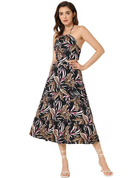 Women's Tropical Floral Sundress Backless Halter Neck Beach Midi Dress