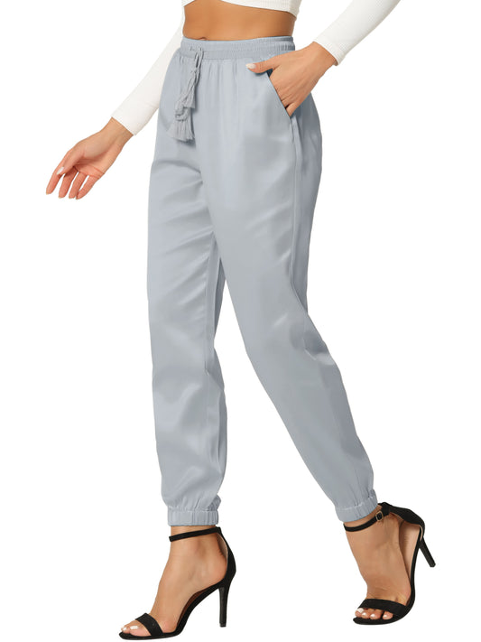 Women's Drawstring Elastic Waist Athleisure Pants Casual Ankle Length Satin Joggers with Pocket