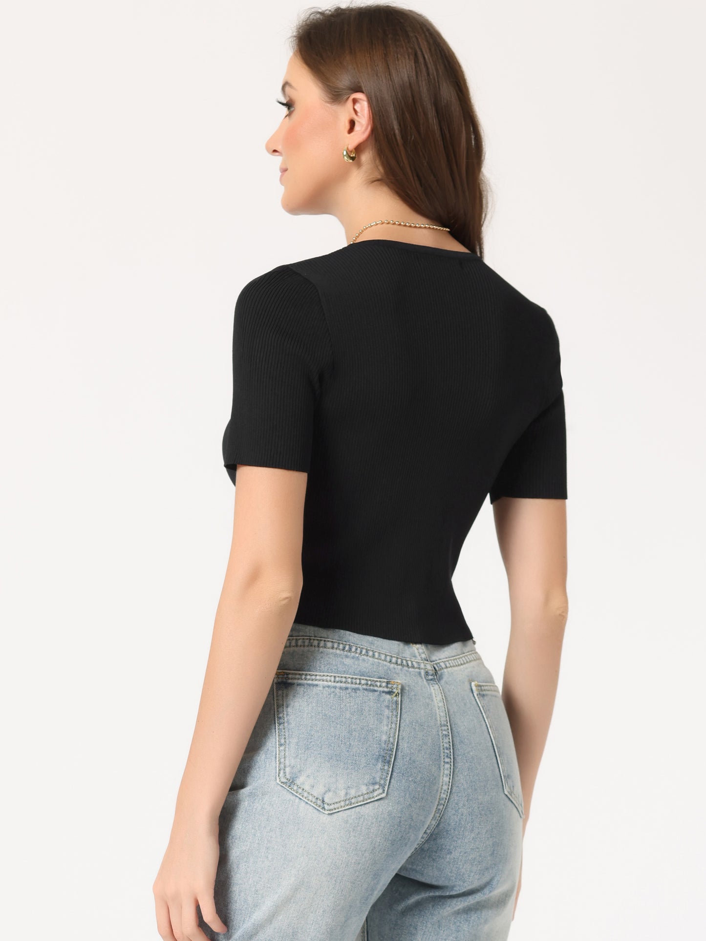 Women's Zip Front Ribbed Knit Crop Casual Short Sleeve Top