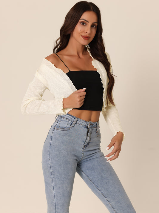 Women's Ribbed Knit Bolero Long Sleeve Ruffle Trim Open Front Crop Shrug