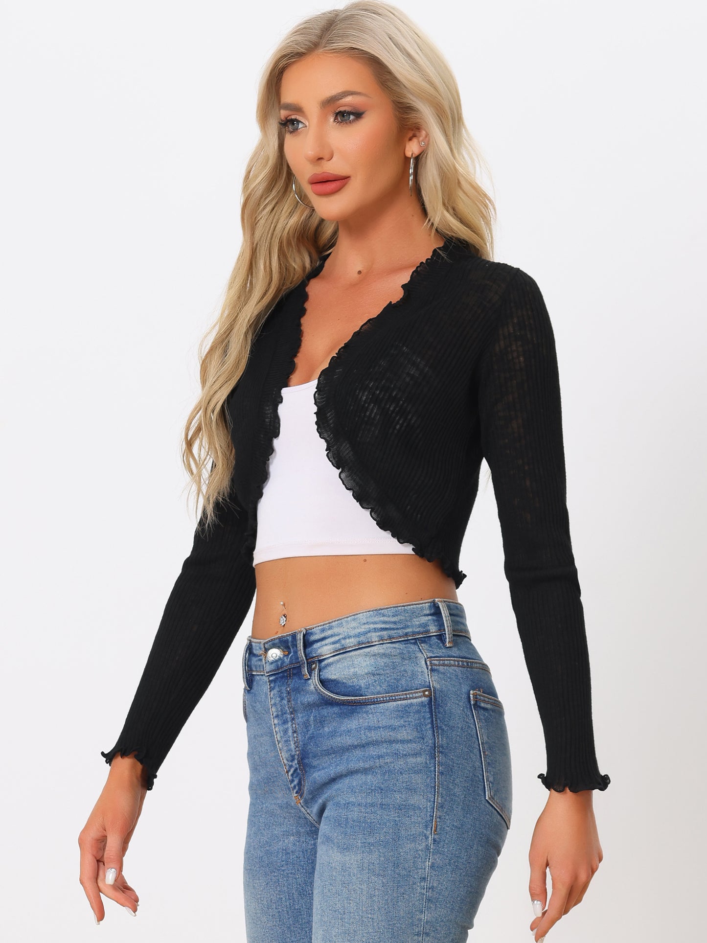Cárdigan tipo bolero informal de punto con mangas largas y volantes para mujer, de primavera