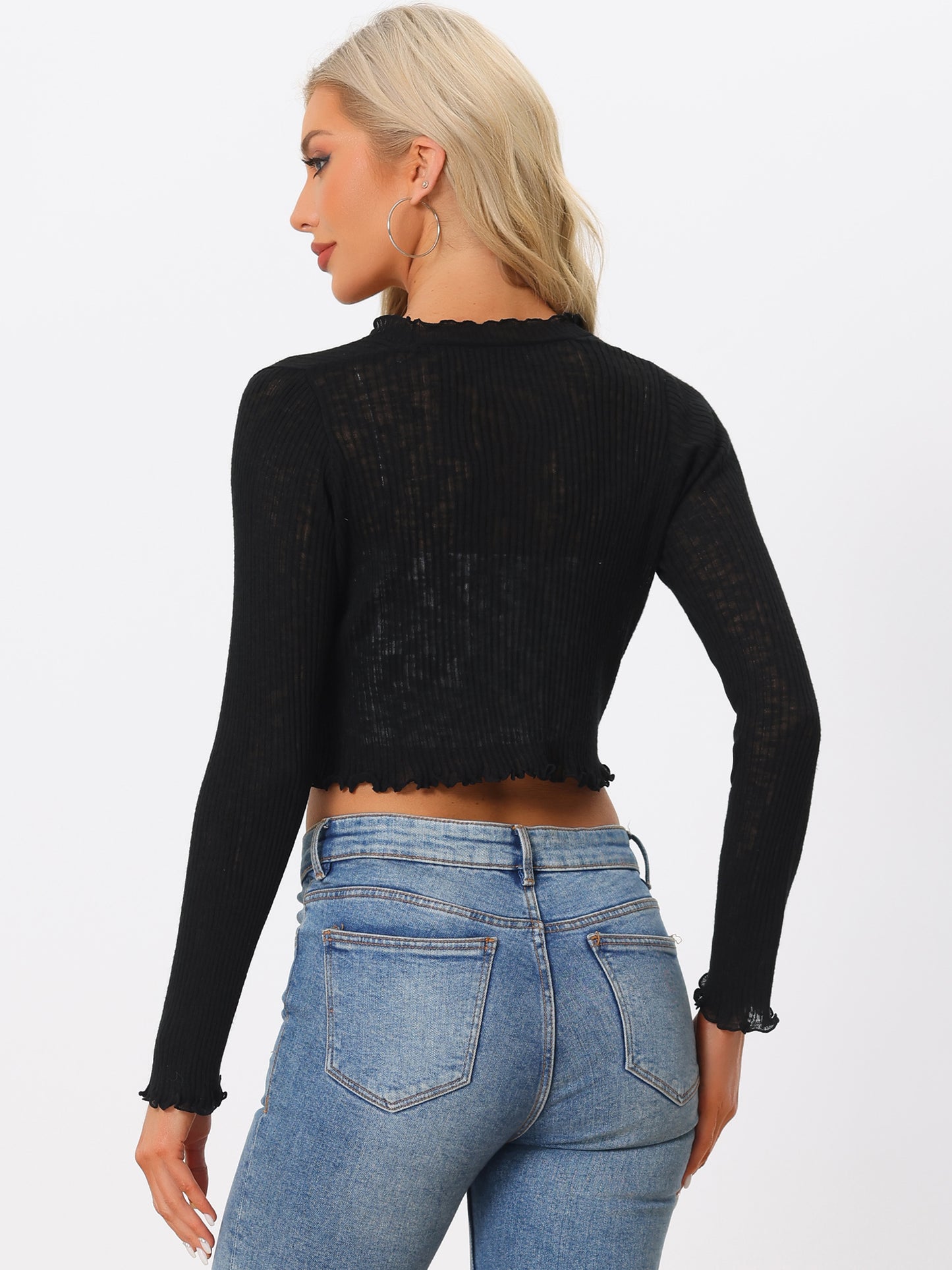 Cárdigan tipo bolero informal de punto con mangas largas y volantes para mujer, de primavera
