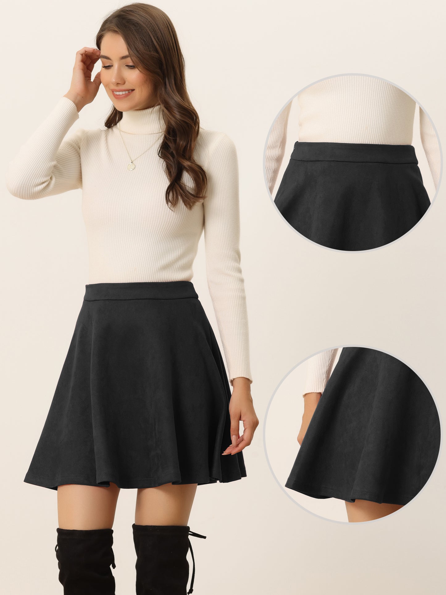 Women's Faux Suede Skirt Short Flared Mini Skater Skirt