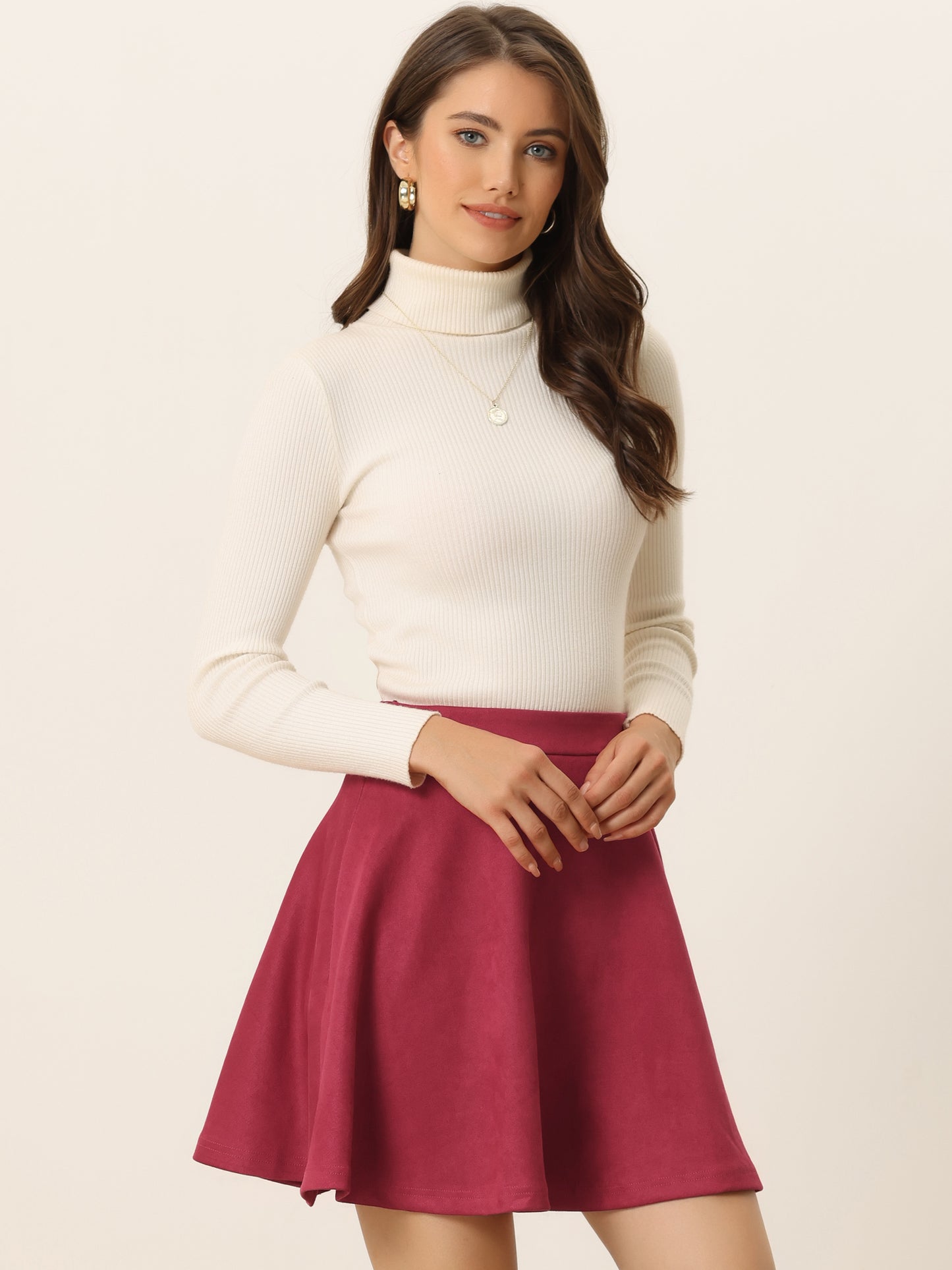 Women's Faux Suede Skirt Short Flared Mini Skater Skirt