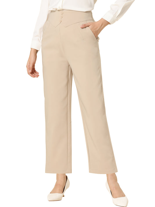 Women's Elegant Business Pants Elastic Waist Button Decor Straight Leg Work Trousers