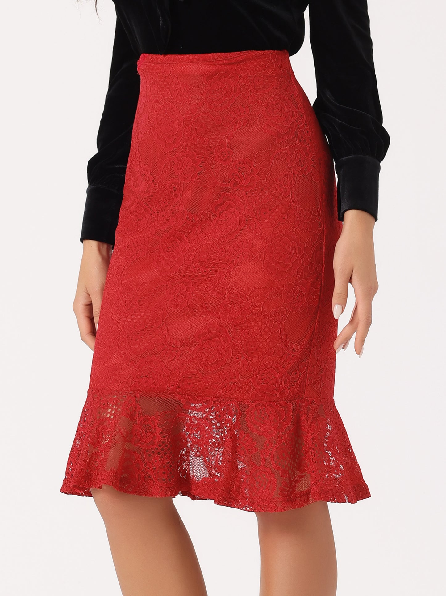 Women's Elegant Work Knee Length Bodycon Fishtail Lace Pencil Skirt