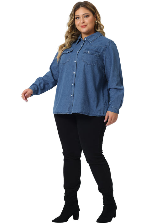 Women's Plus Size Button Down Denim Shirts Casual Long Sleeve Jean Top