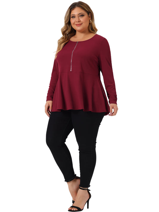 Women Plus Size Blouse Long Sleeve Half Zip Up Low Cut Ruffle Babydoll Peplum Top