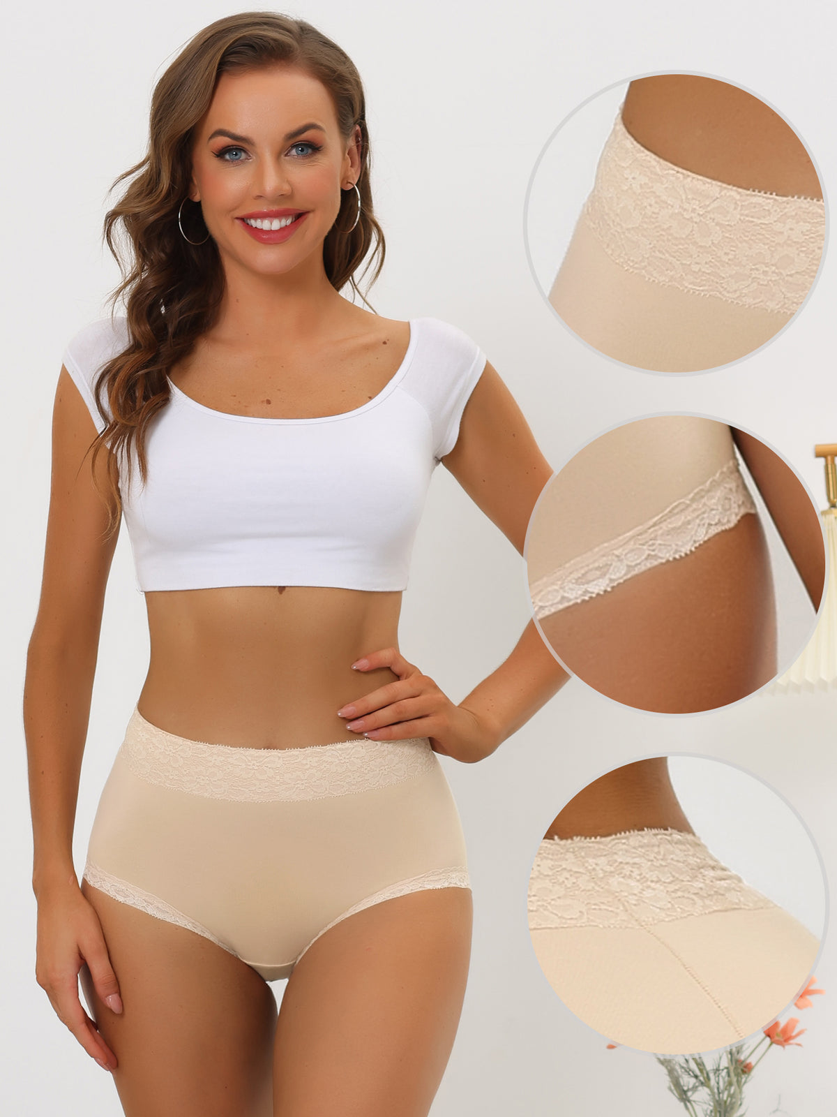 [PACK SALES] Women's 5 Pieces Cotton Underwear High-Rise Lace Trim Full Coverage Brief