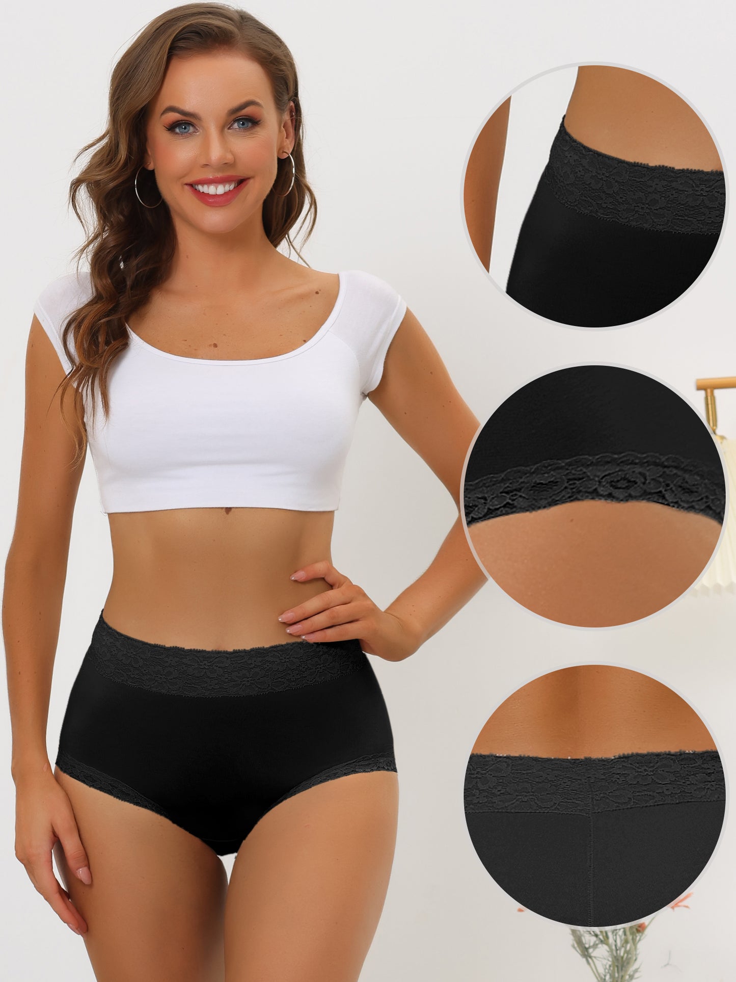 [PACK SALES] Women's 2 Pieces Cotton Underwear High-Rise Lace Trim Full Coverage Brief