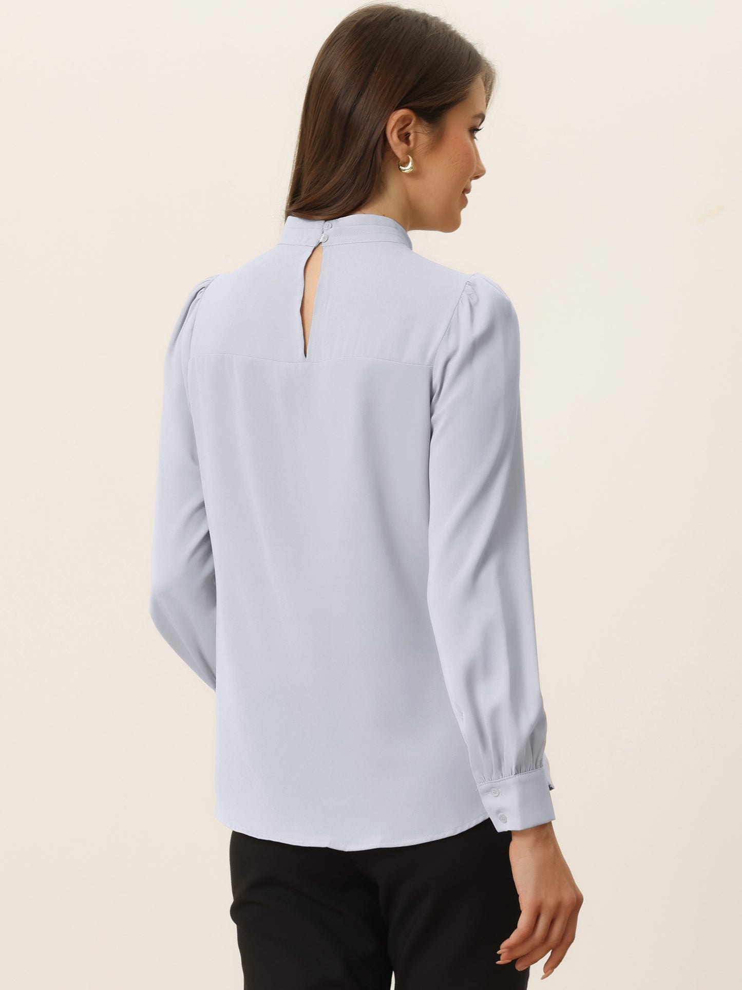 Women's Work Tops Business Casual Shirt Elegant Stand Collar Keyhole Long Sleeve Blouse