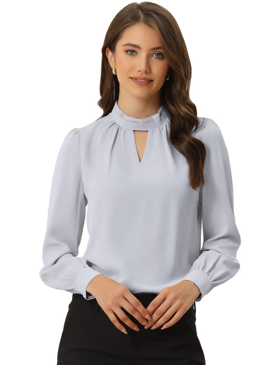 Women's Work Tops Business Casual Shirt Elegant Stand Collar Keyhole Long Sleeve Blouse