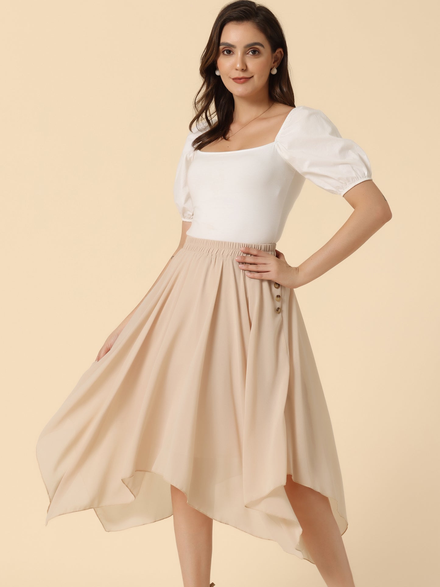 Falda midi de gasa con cintura elástica y dobladillo asimétrico para mujer, estilo vintage, estilo pañuelo