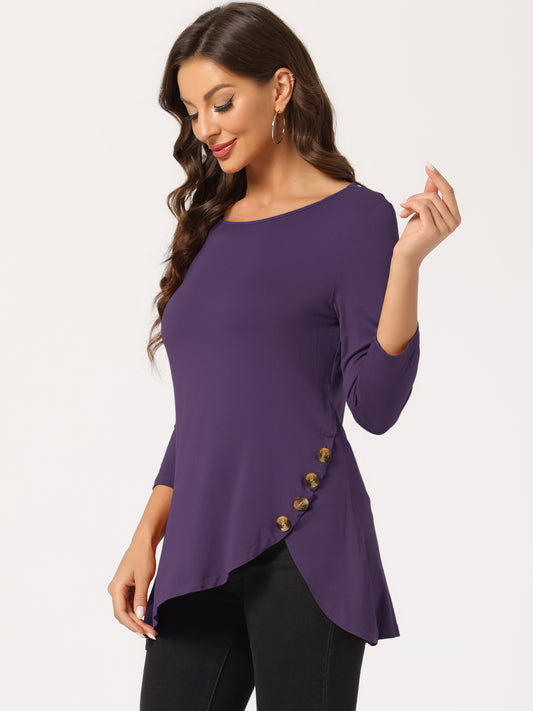 Women's Tunic T-shirt Loose Asymmetry Hem 3/4 Sleeve Round Neck Casual Basic Top