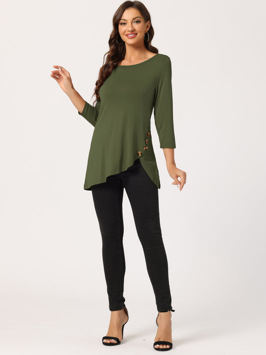 Women's Tunic T-shirt Loose Asymmetry Hem 3/4 Sleeve Round Neck Casual Basic Top