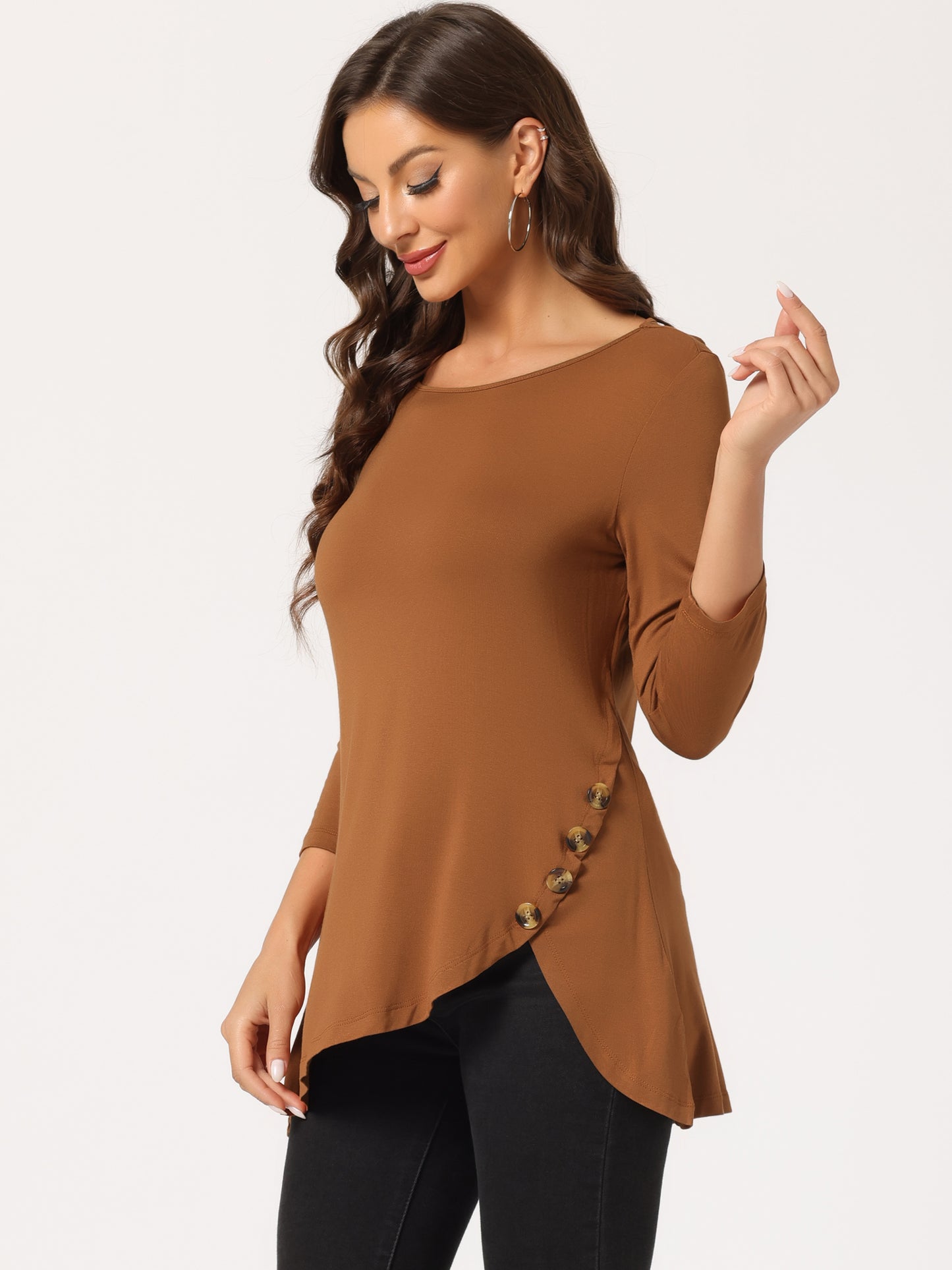 Women's Tunic T-shirt Loose Asymmetry Hem 3/4 Sleeve Round Neck Casual Basic Top