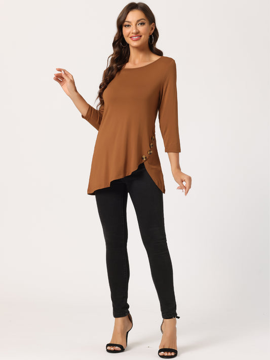 Women's Tunic T-shirt Loose Asymmetry Hem 3/4 Sleeve Round Neck Casual Basic Top