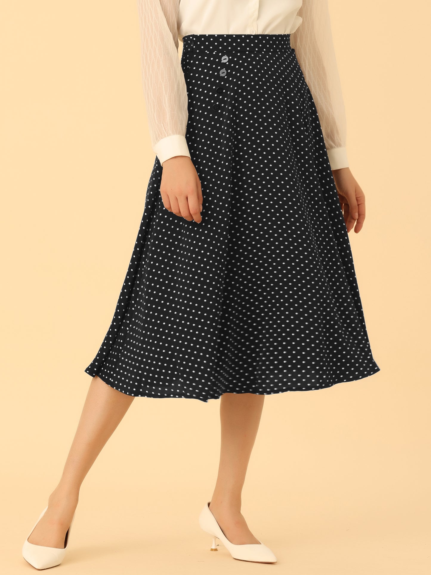 Women's Retro Polka Dots Elastic Waist Vintage A-Line Midi Skirt