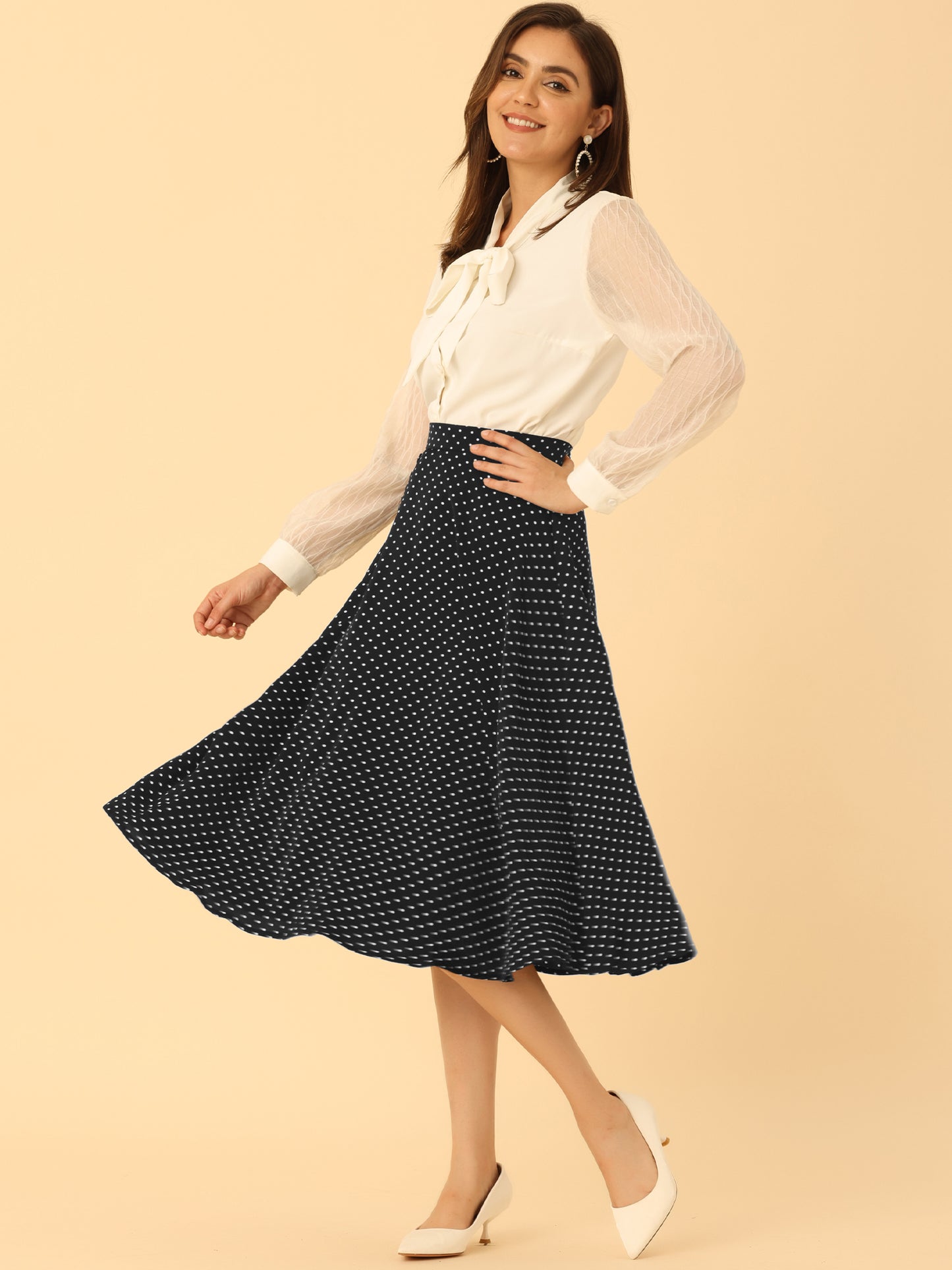 Women's Retro Polka Dots Elastic Waist Vintage A-Line Midi Skirt