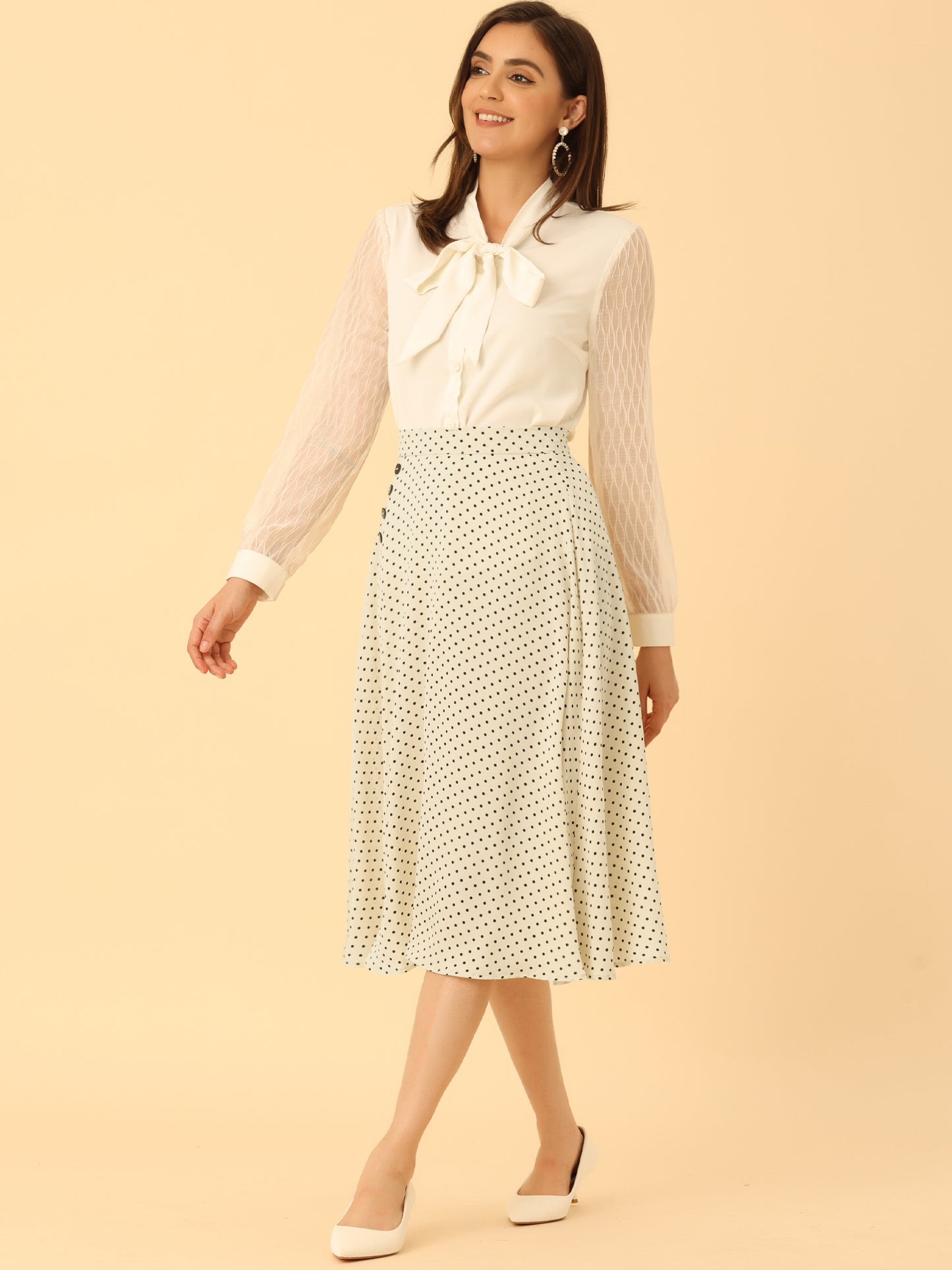 Falda midi vintage de corte A con cintura elástica y lunares retro para mujer