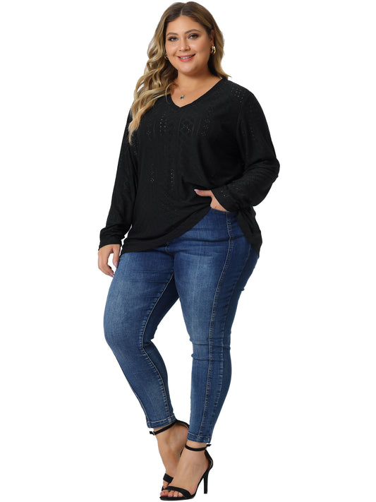 Women Plus Size Tops V Neck Long Sleeve Hollow Eyelet Tops Blouse Pullover T-Shirt
