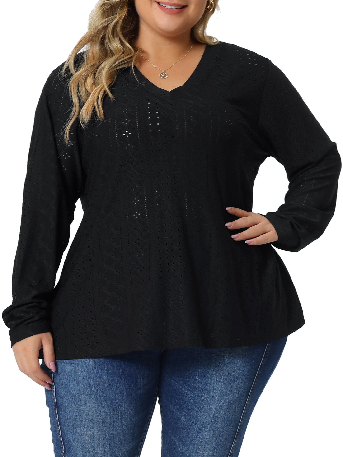 Women Plus Size Tops V Neck Long Sleeve Hollow Eyelet Tops Blouse Pullover T-Shirt