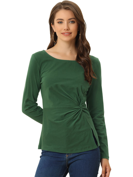 Women's Long Sleeve Round Neck Front Twist Top Ruched T-Shirt