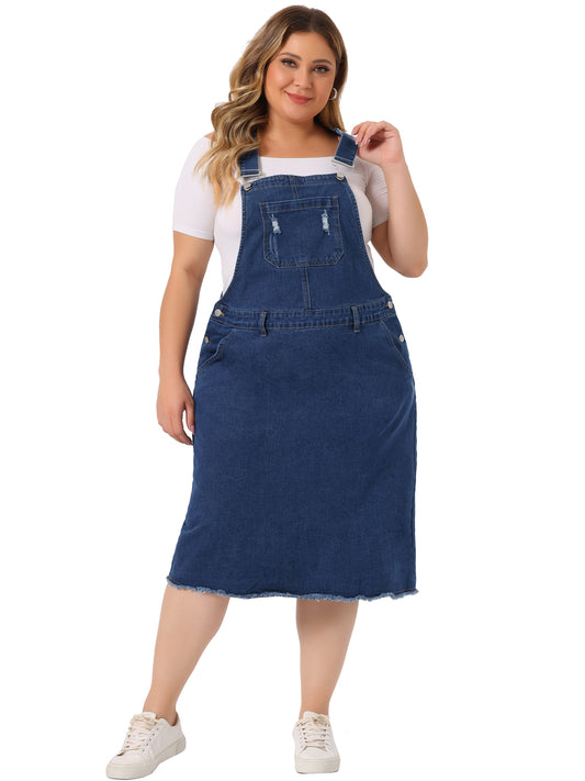 Women's Plus Size Overalls Dresses Jean Skirt Distressed Racerback Suspender Denim Overall Dress