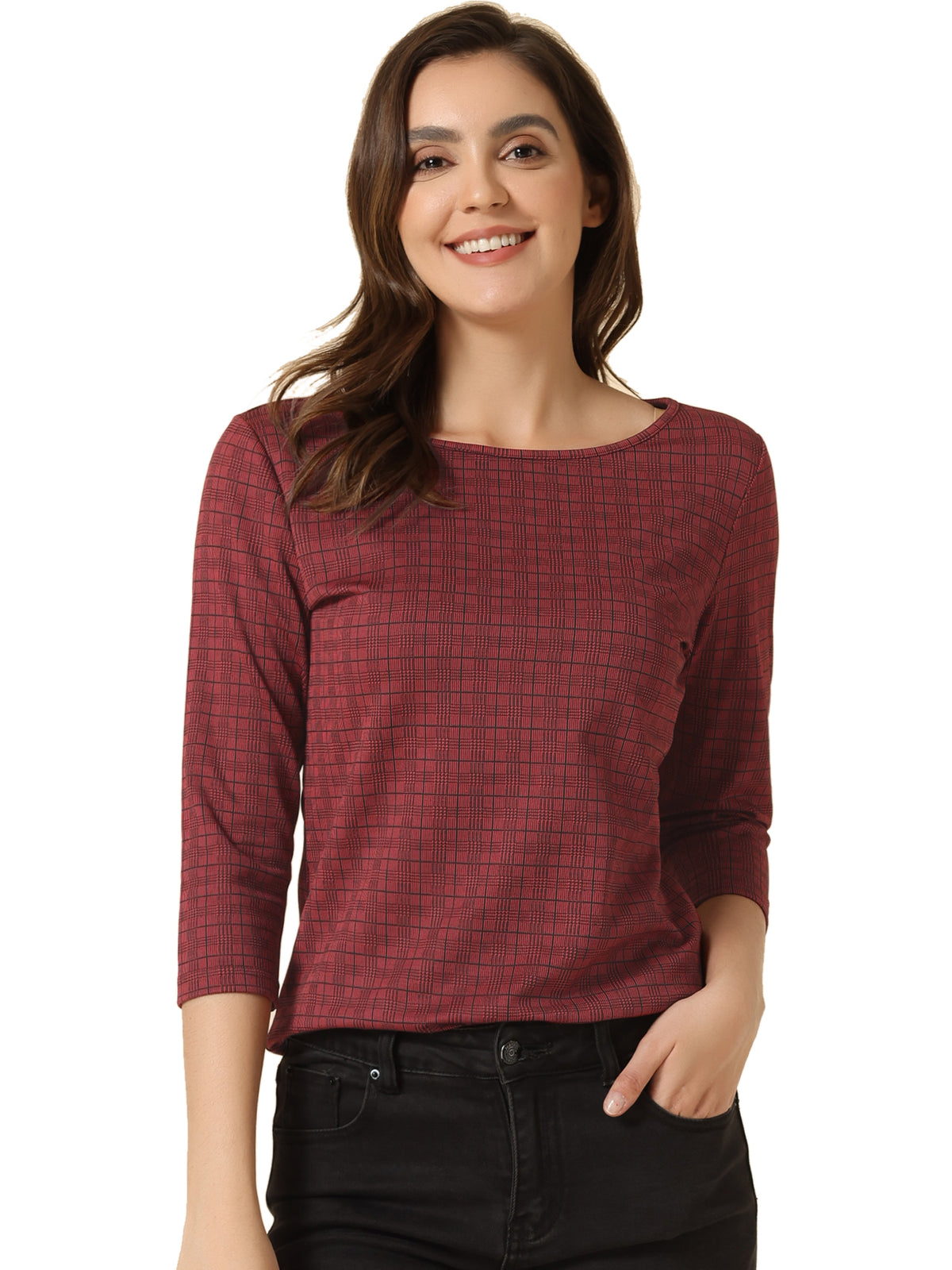 Women Houndstooth Plaid Boat Neck 3/4 Sleeve Blouse Fall Outfits